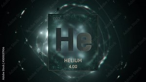Helium as Element 2 of the Periodic Table. Seamlessly looping 3D animation on green illuminated atom design background with orbiting electrons. Design shows name, atomic weight and element number Stock Video