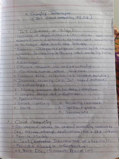 Class 12th IT Chapter 4. Emerging Technologies ( TOI, Cloud Computing, AI, 5G ) Short Note