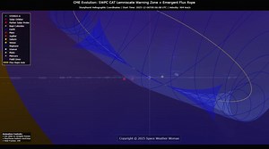 Here is a 3D visualization of the coming solar storm using model prediction parameters from NASA, NOAA, and the coronagraph views from STEREO-A/COR2 and SOHO/LASCO. The storm is expected to hit Earth early December 9. The visualization clearly shows the low inclination orientation of the solar slinky core. Of course, the earlier eruption, might deflect this structure a little bit, but likely that will only make the structure move more towards the ecliptic plane, which will give us a larger chanc