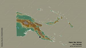 Gulf, province of Papua New Guinea, with its capital, localized, outlined and zoomed with informative overlays on a relief map in the Stereographic projection. Animation 3D