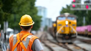 Railway infrastructure workers maintaining track systems with specialized rail equipment safety protocols and signal systems visible as freight trains pass through active