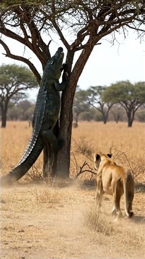Crocodile climbing a tree to be safe from the Lion #animals #wildlife #fight #lion #crocodile