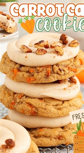 These Carrot Cake Cookies offer the warm spices, shredded carrots, and sweetness of a classic carrot cake in a soft, chewy cookie form. They are finished with a rich brown butter cream cheese frosting and chopped pecans. 🥕 Carrot Cake Cookies Ingredients For the Cookies: Vegetables: 1 ½ cups finely shredded fresh carrots. Dry Ingredients: 2 ¼ cups all-purpose flour, 1 tsp baking soda, ½ tsp salt. Spices: 1 ½ tsp ground cinnamon, ½ tsp ground ginger, ¼ tsp ground nutmeg. Wet Ingredients: ¾ cup u