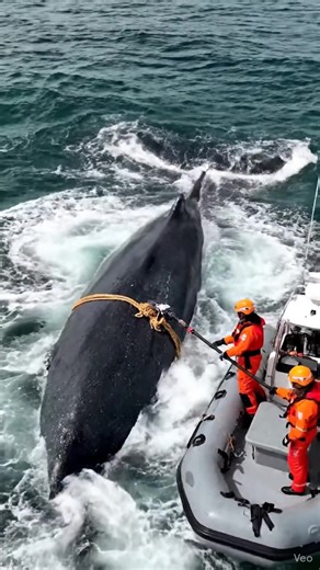 “A cinematic aerial drone shot over the open ocean showing a massive dark gray whale swimming at the surface, partially entangled with ropes around its head and body. A small inflatable research boat travels alongside the whale, carrying three marine rescuers wearing bright orange and red survival suits and helmets. One rescuer carefully extends a pole and line toward the whale while waves churn and white foam forms around the animal’s powerful tail. The water is deep green-blue, realistic ocean