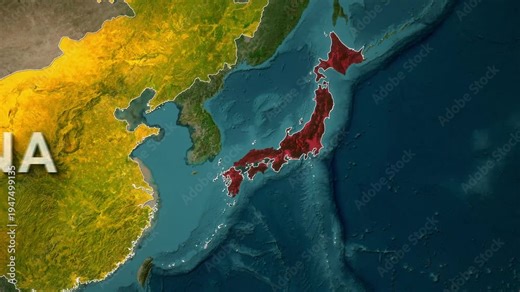 map animation highlighting the geopolitical relationship between China, Japan, and South Korea