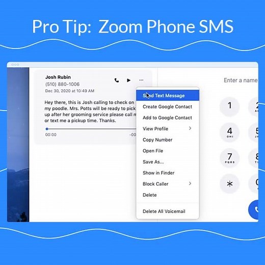 Use SMS on Zoom Phone! Send text messages to your colleagues and clients using your business phone number, so your personal number can stay personal. #ZoomProTip | Zoom