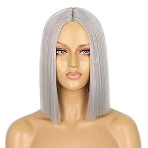 ENTRANCED STYLES Sliver Gray Wigs for Women 12” Middle Part Shoulder Length Short Bob Wig Synthetic Christmas Cosplay Party Daily Use Wig