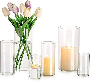 Glasseam Clear Cylinder Vases for Centerpieces, Glass Cylinder Vase Set of 6, Hurricane Vase for Flowers, Glass Cylinder Candle Holder for Pillar Candles, Floating Candle Vases for Wedding Decorations