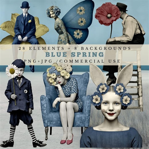 Blue Spring: Whimsical Spring Collage Graphics for Junk Journals and Scrapbooks (PNG+JPG) - Etsy