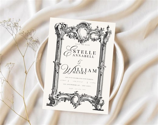 Vintage Gothic Wedding Invitation Template, Victorian Wedding Invite Set, Dark Elegant Wedding Details Card, Editable Canva Download - Etsy