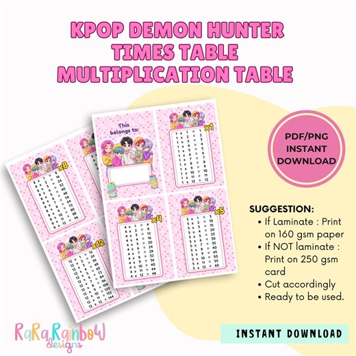 Kpop Demon Hunter Times Table Flash Cards, Printable Multiplication (PDF & PNG) - Etsy