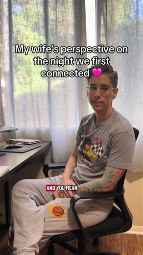 My wife’s version on the night we first knew we would fall in love 🩷 she left out the part where she gave me her over shirt and she was wearing a muscle tank and I kept touching her arms going “I really like this” and she just thought I was being nice 😂 and just for another reminder before you all freak out - I was already separated from said bad husband and he was downstairs flirting with someone else too, so chill. Both of us almost didn’t go to the party that night but I’m so glad we did. I