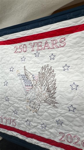 Honoring 250 years of freedom 🇺🇸 This 46” x 46” wall hanging marks 1776–2026 and was beautifully hand-embroidered in tribute to a Colonel who has given a lifetime of service to our country. Created by his wife, Patty, every stitch tells a story of dedication, sacrifice, and pride. I provided the batting, added a layer of muslin behind the embroidery for stability, and finished it with 100% cotton batting. A sleeve was added to the back so it can be proudly displayed. This meaningful piece is n