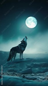 the wolf howls at night at the moon on the rock