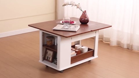 Foldable Coffee Table with Storage Shelves and Casters, Multi-Function Rectangular Side Table with Storage and Foldable Top for Living Room Bedroom Office, White & Walnut
