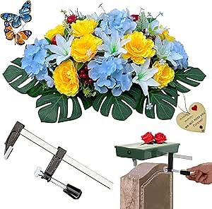 Headstone Flower Saddle Artificial Cemetery Flowers - Grave Gravestone Saddles, Tombstone Flowers Saddle for Mother's Day, Memorial Day, Gravesite Decorations Saddles, Never Be Blown Away