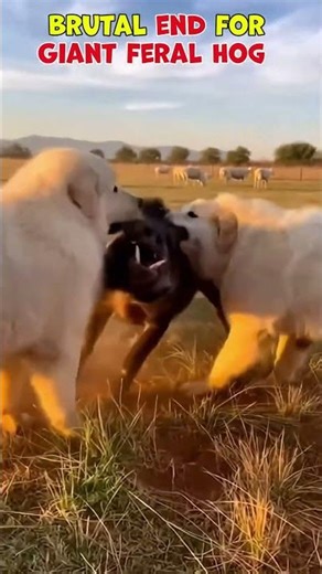 Great Pyrenees vs Giant Feral Hog ‼️The Brutal End of the Predator #dog #hog #sheep #foal #calf