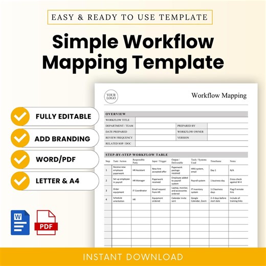 Simple Workflow Mapping Template – Word & PDF, A4   US Letter - Etsy