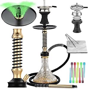 Hookah Set with Everything,20"Shisha Set with Glass Vase,Portable Glass Vase with Disposable Tips,Silicone hose,Ceramic Bowl.(Gold)