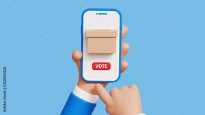 Modern electronic voting system for election. 3D hand holding smartphone with voting app on the screen. Voting online, e-voting, election internet system concept. 4k 3d loop animation