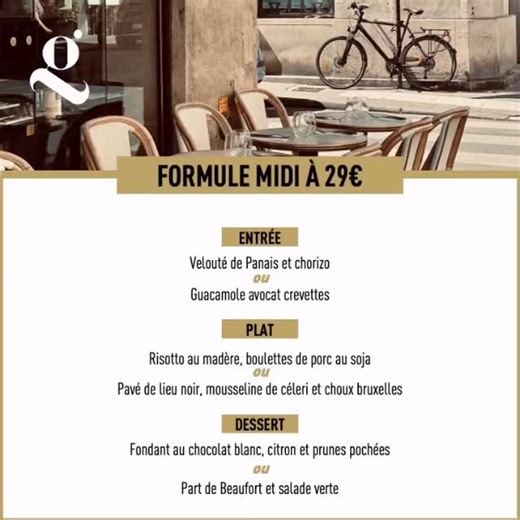 Cette semaine, Garçon vous mijote un menu plein de caractère… ✨ À savourer sans modération ✨ 🥣 Les entrées 👉 Velouté de panais & chorizo 🔥 ou 👉 Guacamole avocat & crevettes 🥑🦐 Douceur ou fraîcheur… à vous de choisir ! Risotto au madère 🍷 Boulettes de porc au soja 🥢 ou Pavé de lieu, mousseline de céleri & choux de Bruxelles 🐟 Un trio qui envoie du goût ! 🍰 Et pour finir en beauté… Financier chocolat blanc, citron & prunes pochées 🍋🍫 ou Part de Beaufort & salade verte 🧀 Douceur ou car