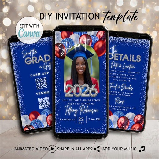 Blue Red American Graduation Invitation Class of 2026 Senior Grad Flyer Animated Video Invite DIY Picture and QR Code Evite - Etsy