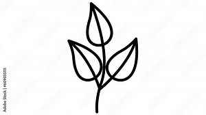 Animated linear black plant with leaves. Icon of tree sprout. Symbol is drawn gradually. Concept of organic food, ecology, agronomy, harvest. Vector illustration isolated on white background.