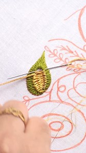 Hand Embroidery leaf decoration on Fabric . . . #ThreadArt #VibrantEmbroidery #DIYCrafts #CraftingInspiration #Needlework #CreativeStitching #EmbroideryDesigns #StitchingTutorials #EmbroideryProjects #TextileArt | Catchy Embroidery