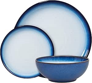 Denby Blue Haze Dinner Set For 4 - 12 Piece Ceramic Coupe Tableware Set - Dishwasher & Microwave Safe - 4 Dinner Plates, 4 Small Plates, 4 Cereal Bowls
