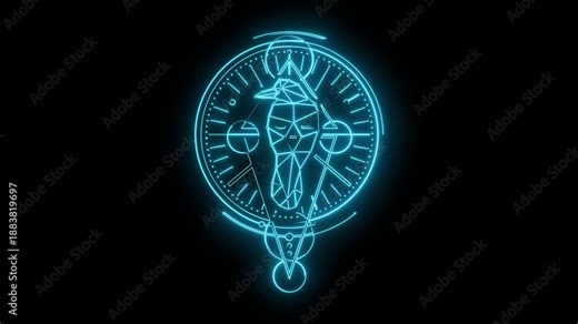 Neon glowing emblem with raven bird. Mystical geometry symbol. Linear alchemy, occult, philosophical sign.