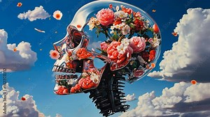 Floating metallic skull adorned with flowers against a bright sky with clouds, surreal and artistic representation blending life and death themes. Dreamlike scene ideal for conceptua art.