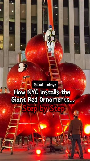 🎄 NYC’s giant red ornaments are going up tonight ❤️ Here’s a full step by step look at how they install one of the city’s most famous holiday decorations 📍 6th Ave between 49th and 50th 🕰️ Installation runs from around 7 PM to 1 AM 🎥 I’m sharing previous years behind the scenes so you know exactly what to expect 💡 If you’re in the area tonight you might catch the cranes lifting them into place. It’s one of my favorite NYC holiday traditions to watch | New York Mickey
