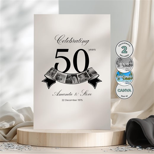 Photo Collage for 50th Anniversary, Celebrating 50 Years, Black and White Editable Template - AN02 - Etsy