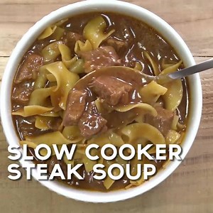 This SLOW COOKER STEAK SOUP is always a hit at our house. SO easy! Brown the meat, dump everything in the slow cooker and let it work its magic! FULL RECIPE--> http://www.plainchicken.com/2015/11/slow-cooker-steak-soup.html | Plain Chicken