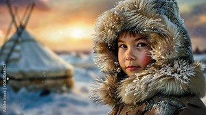 Inuit young child dressed in traditional fur clothing, standing proudly before a snow-covered yurt, peoples in extreme climates
