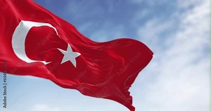 Close-up of Turkey national flag waving in the wind on a clear day