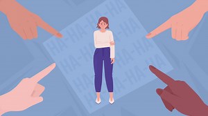 Animated shaming woman illustration. Bullying sad lady. Modern struggle. Humiliation. Looped flat color 2D cartoon characters animation video in HD with laughters on transparent background