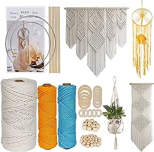 HOTOOLME Macrame Kit for Beginners, DIY Macrame Plant Hangers 3mm White Cotton Cord , Wooden Beads, Wooden Rings, Macrame Wall Decor Hanging Supplies for Macrame Crafts Adults