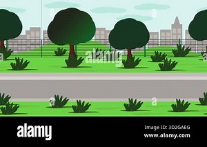 Infinite loop 2D city park animation featuring road, trees, and city skyline with moving clouds. Perfect for game scenes and motion backgrounds.