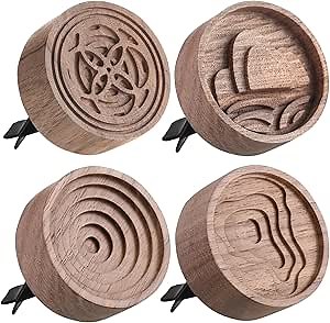 4 Pcs Wooden Essential Oil Diffuser Car Aromatherapy Passive Diffuser with Vent Clip Walnut Wood Round Air Freshener Winter Gifts for Home Offices Yoga Rooms Sauna Rooms