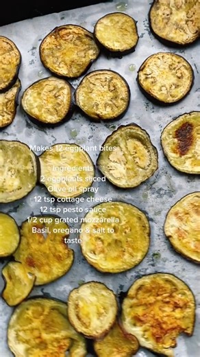 Protein eggplant parm bites 🍆 I always say, make you’re veggies CRAVE WORTHY!! When losing weight, eating veggies can be difficult for some because they think that it has to be bland and boring! Here is an amazing example of how delicious it really can be 😍 🥣 Makes 12 eggplant bites 60 calories per eggplant bite (3g protein; 6g carbs; 2.8g fiber; 3g fiber) 👩‍🍳 Ingredients 2 eggplants sliced Olive oil spray 12 tsp cottage cheese 12 tsp pesto sauce 12 tsp crushed tomato 1/2 cup grated mozzare