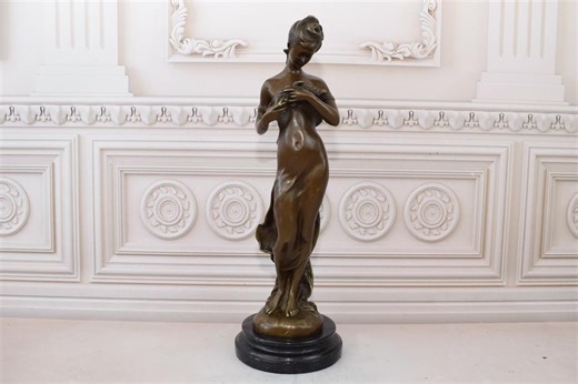 Art Deco Bronze Woman Statue With Bird on Marble Base - Etsy UK
