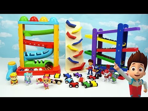 Learn Colors with Paw Patrol Race Cars Toys & Marble Gumball Maze Ramp
