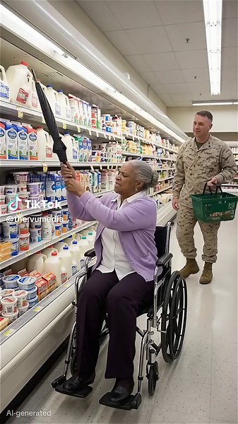 The shelves were too high, but his heart was in the right place to bridge the gap. A grandmother in a wheelchair was trying to prepare for a family visit, but she couldn't reach the essentials. She felt defeated as her cane slipped against the milk carton. Suddenly, a strong hand reached over her shoulder. A young man in uniform grabbed the milk, then the teddy bear, and finally the diapers. He shadowed her the entire trip, ensuring she got everything she needed. At the register, he insisted on 