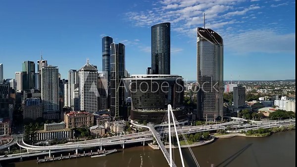 Brisbane CBD, Queensland, Australia: 4K Aerial Drone Footage of Modern City Skyline, Skyscrapers, The Neville Bonner Bridge, Brisbane River, Urban Infrastructure, Waterfront and Parklands