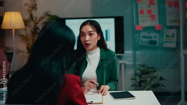 Female manager sits at her desk in an office at night, conducting an interview with a potential new employee, discussing qualifications and assessing fit for the team