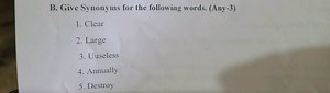 B. Give Synonyms for the following words. (Any-3)ClearLargeU... | Filo
