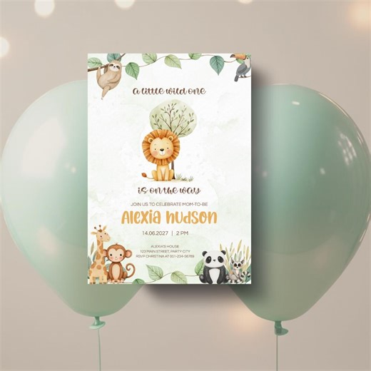 Jungle Baby Shower Invitation With Lion and Safari Animals, Green Baby Invitation Template 1080x1920 Phone & Printable 5x7 - Etsy