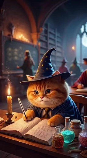Prompts to create- and free video generator to try👇 A chubby orange cat wearing a magic hat sits in a magic class, holding a magic wand and listening intently, with some magic materials, shape-shifting agents, or potion bottles beside him, in the style of Harry Potter” | Ai for the average Guy or GaL