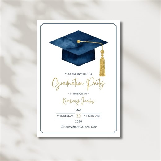 Graduation Cap Invitation Template Canva Editable Watercolor Cap Class of 2026 Invite - Etsy UK